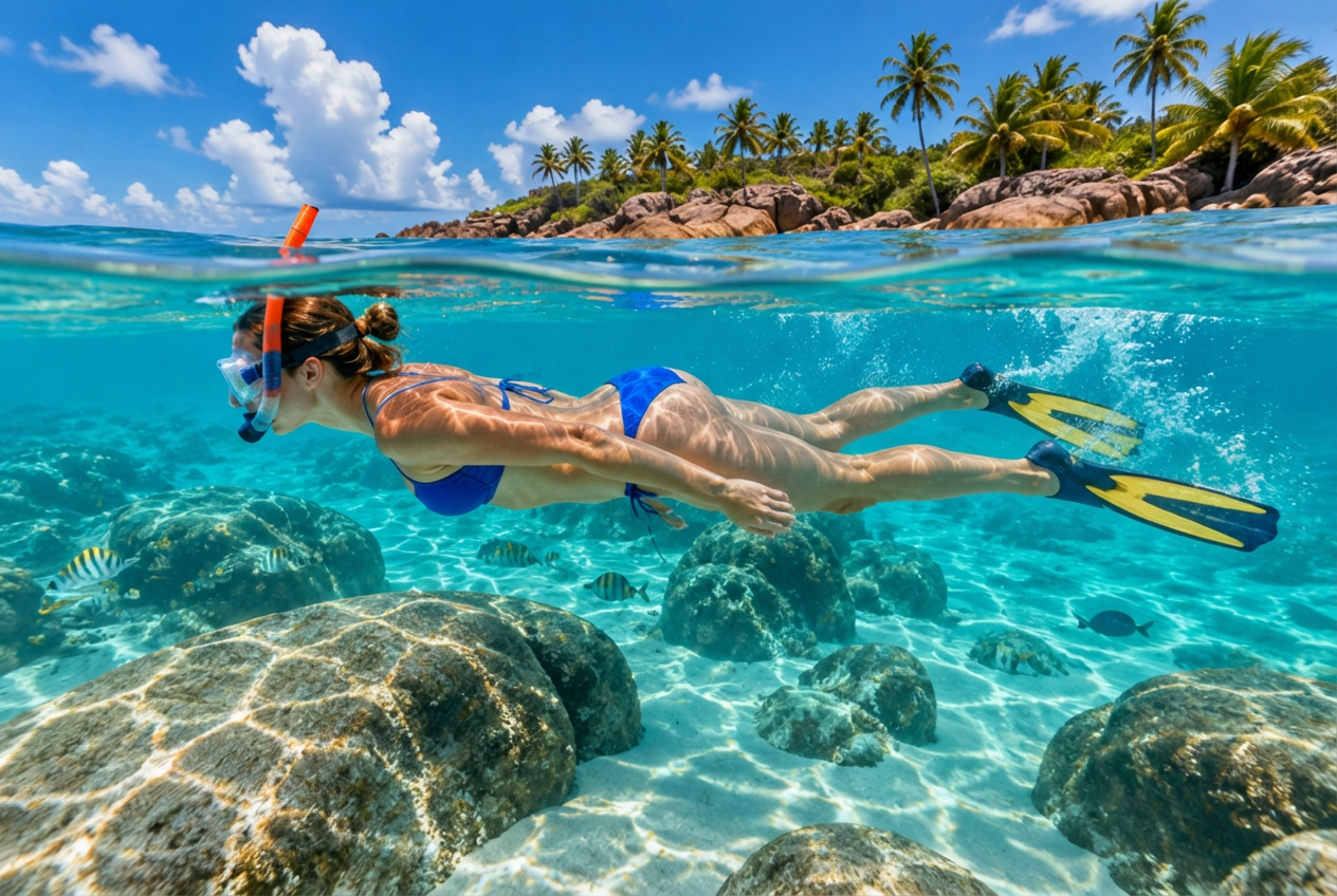 Snorkelers exploring Roatán’s clear turquoise Caribbean waters